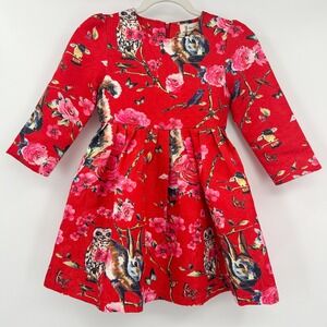 Doe A‎ Dear Girls Red Floral Animal Print Dress Size 7 Flowers Owls